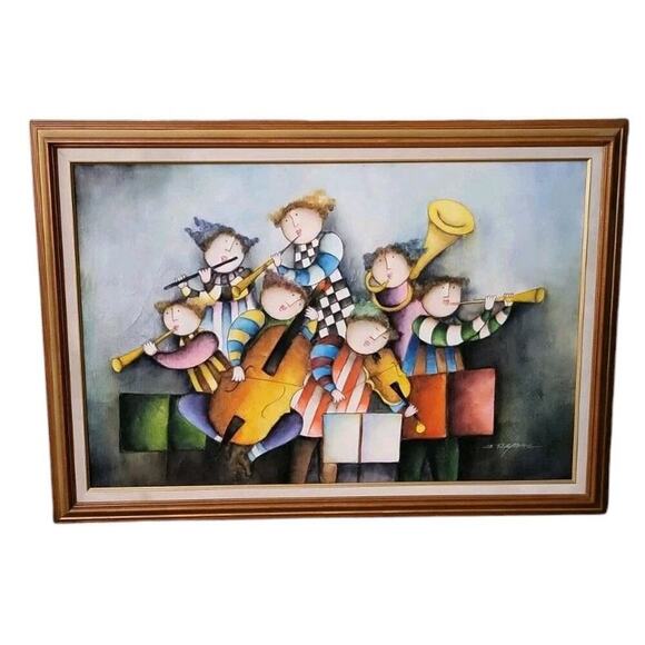 sold Whimsical Young Orchestra Oil Colorful Painting Framed Canvas signed - Picture 1 of 2